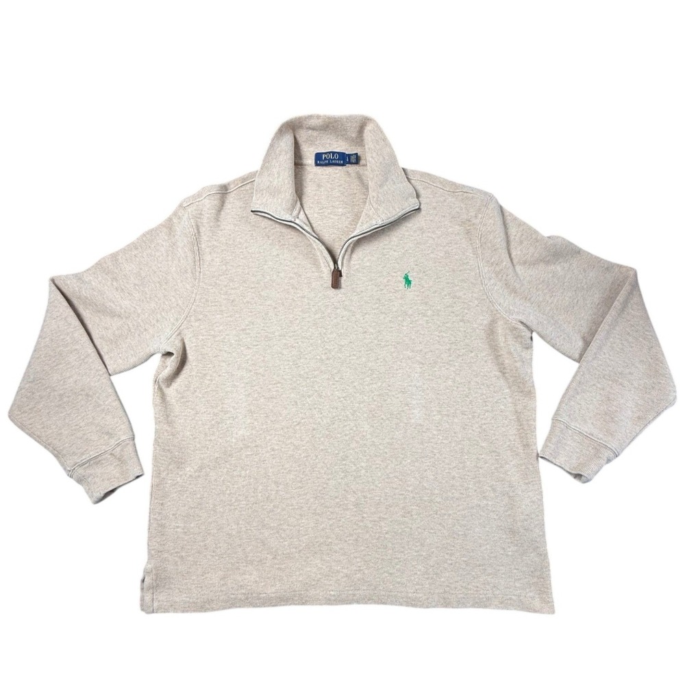 Polo Ralph Lauren Quarter Zip Pullover Mens Large Beige Excellent Leather Trim
